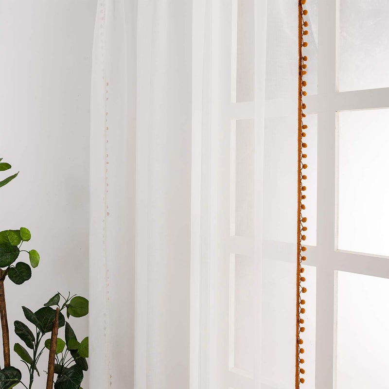 MISS SELECTEX Linen Look Pom Pom Tasseled Sheer Curtains - Rod Pocket Voile Semi-Sheer Curtains for Living and Bedroom, Set of 2 Curtain Panels (52 x 95 inch, White Sheer & Pumpkin Yellow Pom Poms) - Image 4